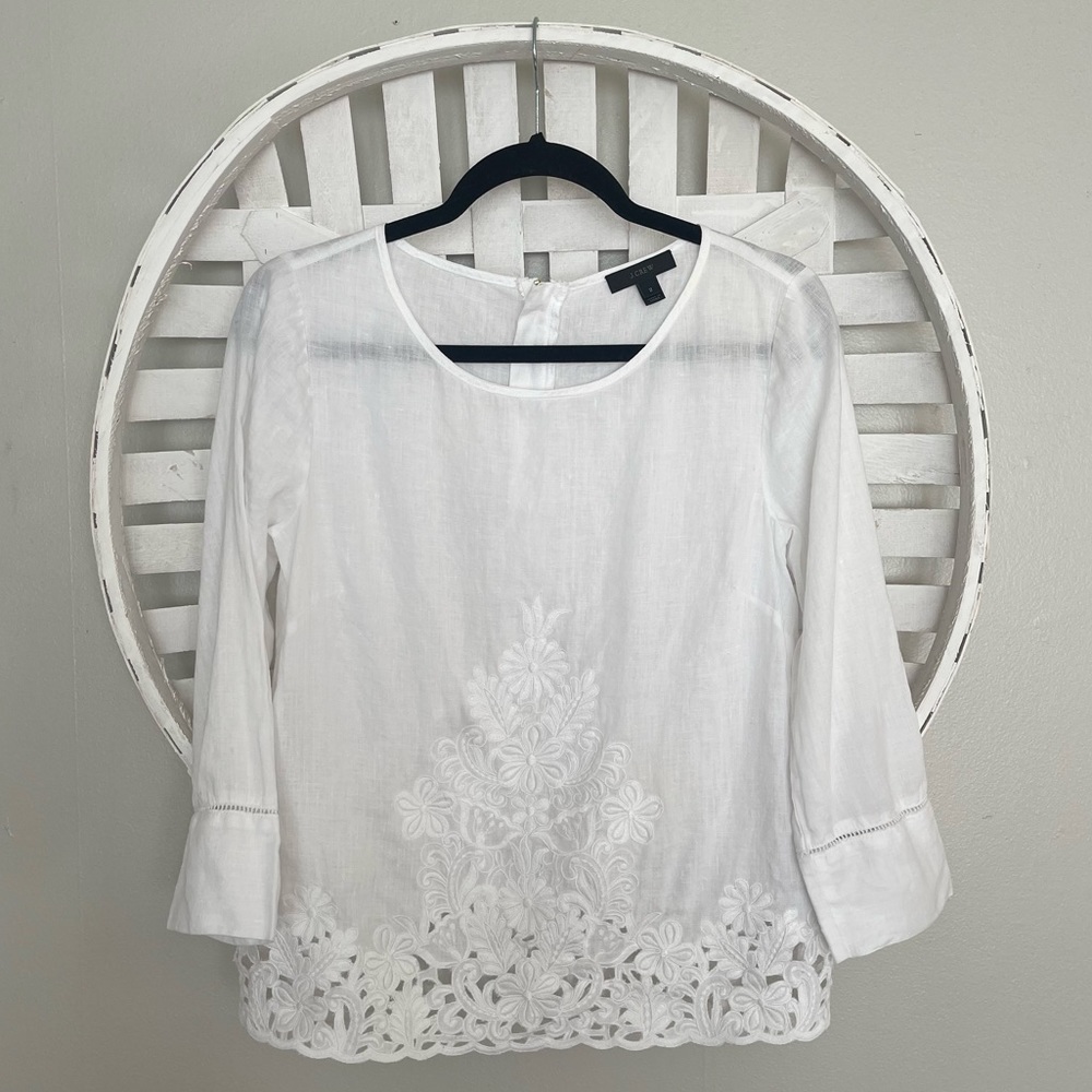 J. Crew | Embroidered Blouse | White Linen | Size 2